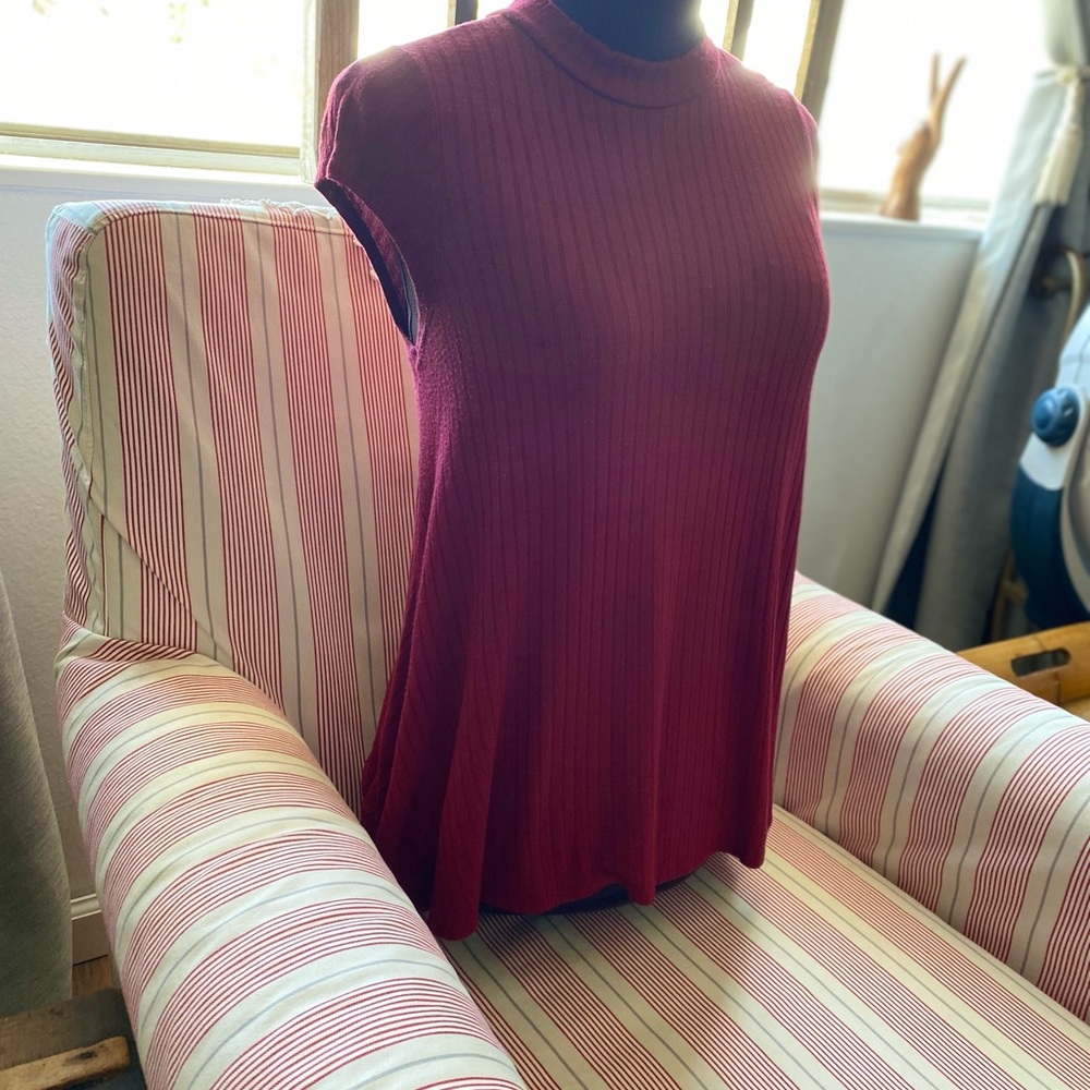 Red Ribbed Cleo Mock Turtle/capped sleeve shift top size…small?